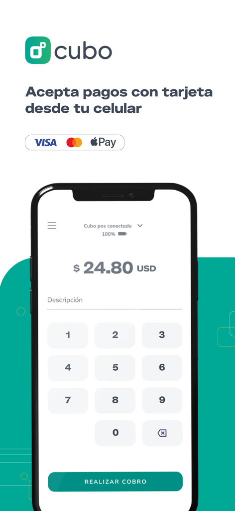 Cubo Pago - Cubo Pago app interface on a smartphone showing a numeric keypad for processing credit card payments