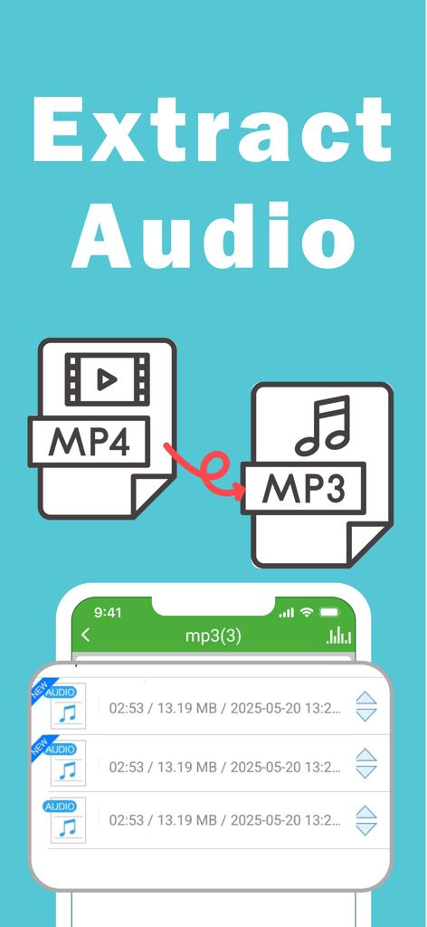 File Manager App - PATOPI - PATOPIアプリのインターフェイスに、MP4動画ファイルからMP3へのオーディオ抽出プロセスが表示されている