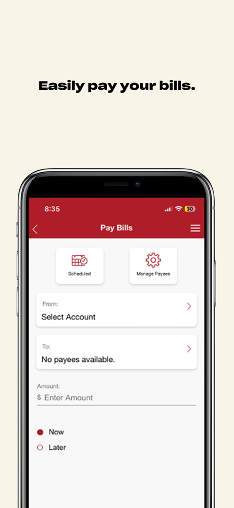 Vancity mobile app interface showing the bill payment screen and management options.