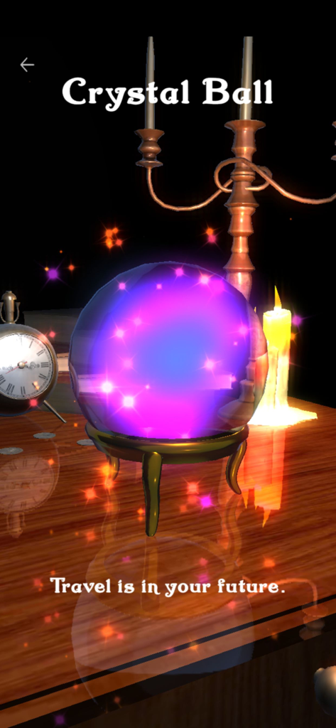 Magic Crystal Ball: Divination - Une balle de cristal magique 3D lumineuse prédisant un voyage dans une pièce mystique