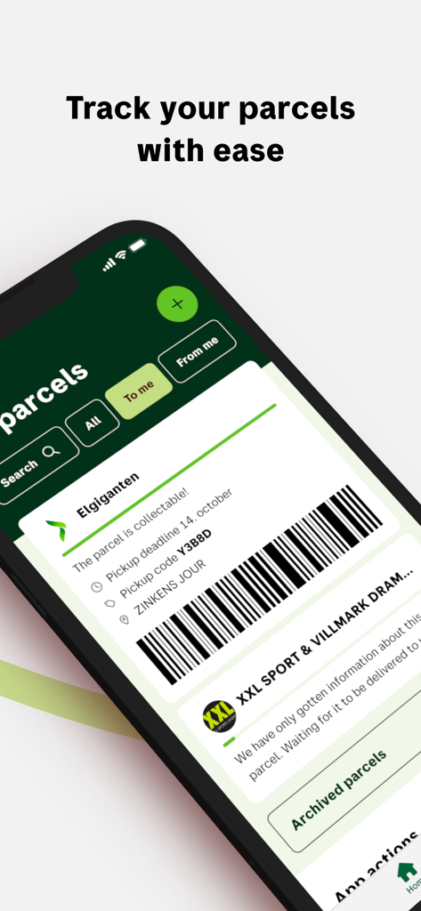 Bring Tracking - Die Bring Tracking App-Oberfläche zeigt ein zur Abholung bereites Paket mit einem Abholcode und Barcode an
