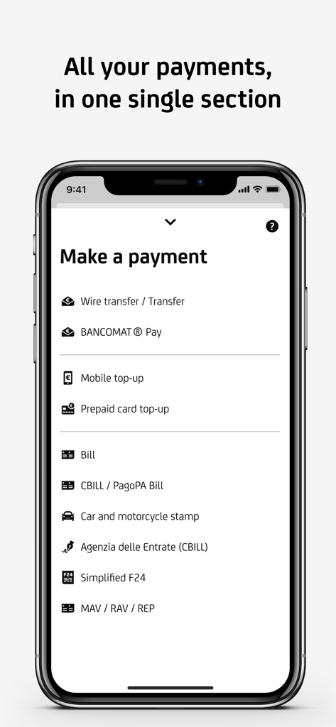 UniCredit mobile banking app interface showing payment options like wire transfer and Italian tax payments