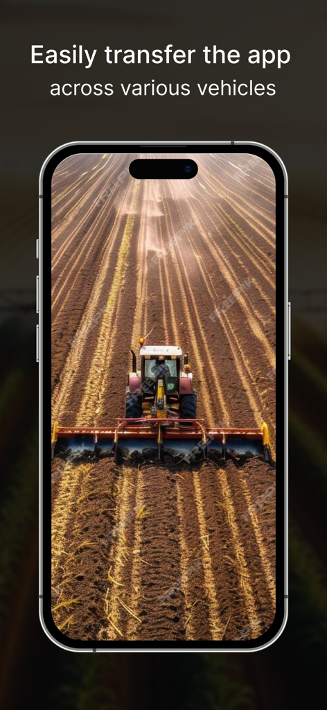 Tractor Field Navigator GPS - A smartphone screen showing the Tractor Field Navigator app with text describing its easy transfer across various farm vehicles.