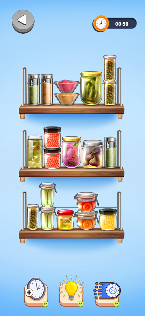 Perfect Organizing: Tidy Games - Una estantería de despensa de cocina ordenada, llena de frascos organizados de frutas en conserva y especias en un juego acogedor.