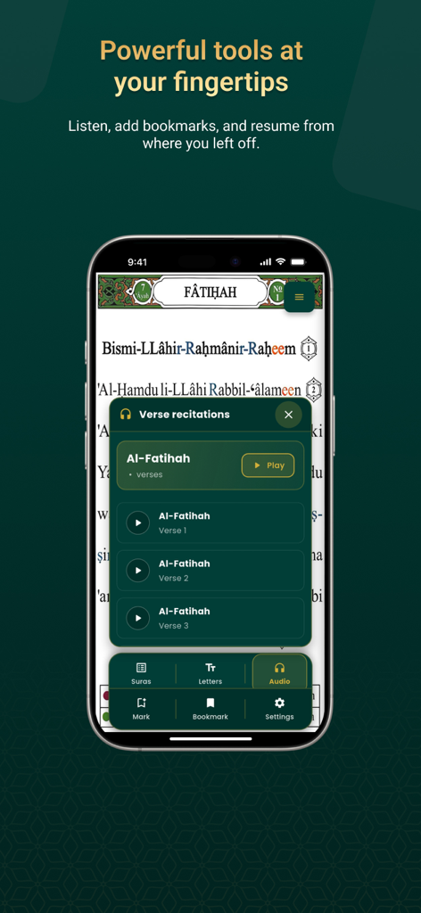 Noor: Phonetic Quran Guide - Interface of Noor app showing phonetic Quran transcription and verse recitation audio controls.