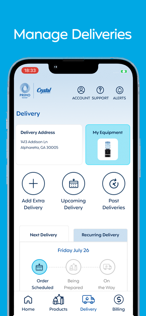 My Water+ - My Water plus app dashboard showing delivery tracking and account management options
