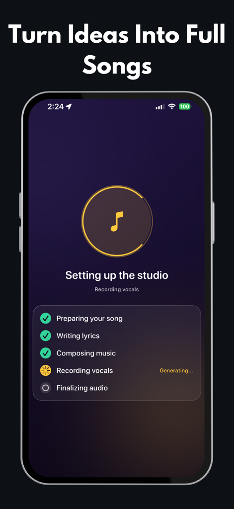 AI Song Generator & Maker - Interfaz de la aplicación Generador de Canciones con IA que muestra el progreso de la creación musical y la configuración del estudio