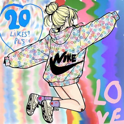 realistic girl jumping with a bun and oversized sweatshirt