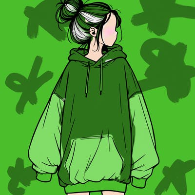 realistic girl with a oversized sweatshirt on and a bun