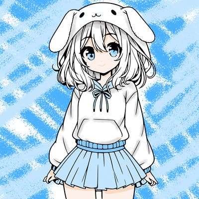 pretty anime girl wearing a fluffy hoodie with bunny ears on the hood and a skirt