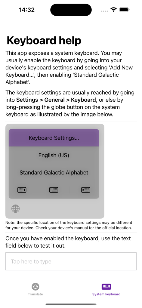 Standard Galactic Alphabet - Step by step instructions for enabling the Standard Galactic Alphabet keyboard on iOS
