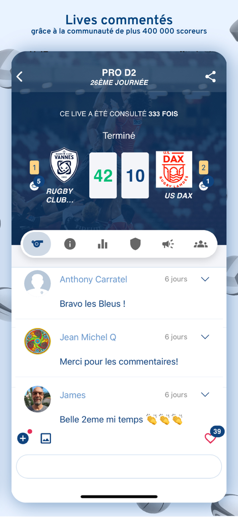 Score'n'co - Sport en direct - Rugby match score between Vannes and Dax with community live comments on the Score’n’co app