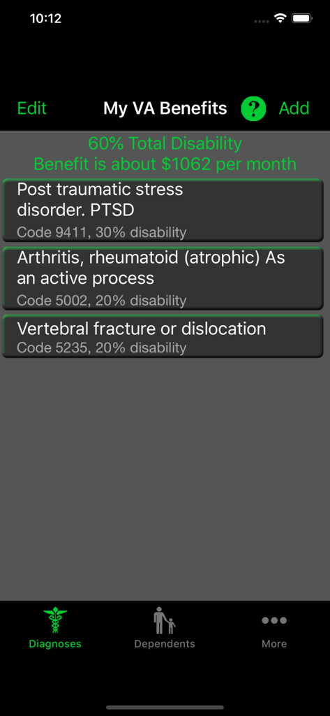 My VA Benefits - Screenshot of the My VA Benefits app interface showing a 60 percent total disability rating and a list of tracked medical conditions including PTSD and arthritis
