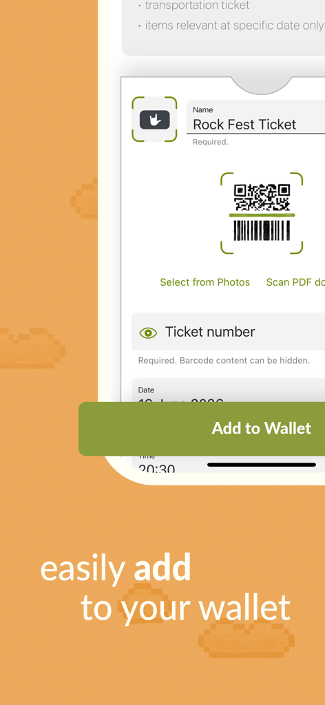 QR 코드가 있는 록 페스트 티켓을 Apple 지갑에 추가하는 과정을 보여주는 인터페이스