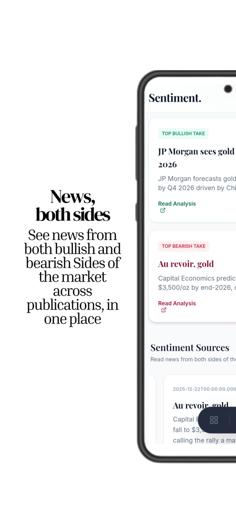 Sentiment: Finance News - Sentiment app screen showing bullish and bearish market news analysis