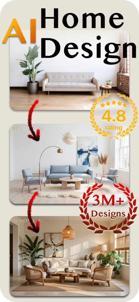 Home Design AI: Renova AI - Screenshot of Home Design AI app showing a living room transformed into three different interior styles with a 4.8 star rating and 3 million designs