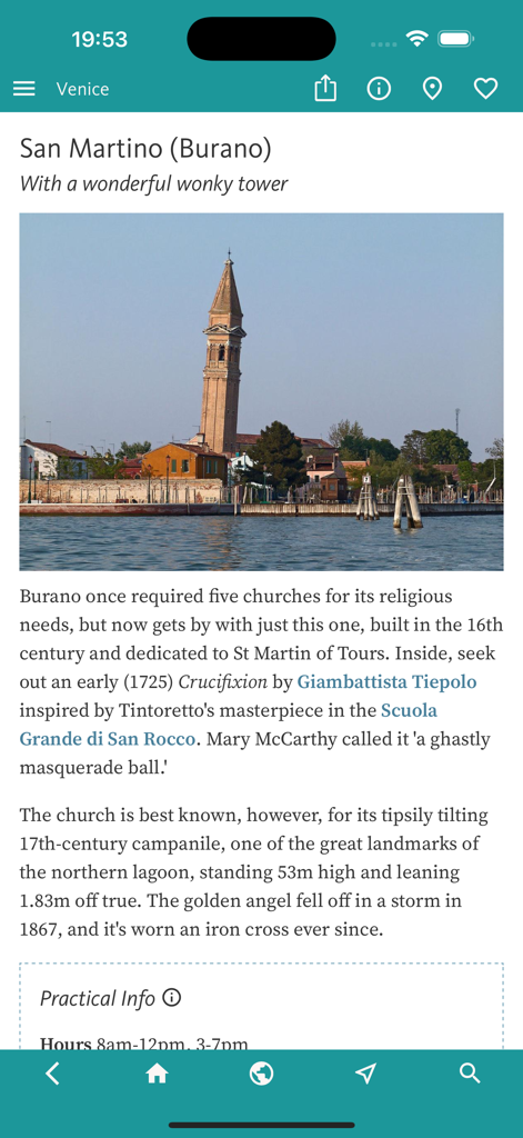 Venice Art & Culture - Article about San Martino church and its leaning tower in Burano within the Venice Art and Culture mobile app