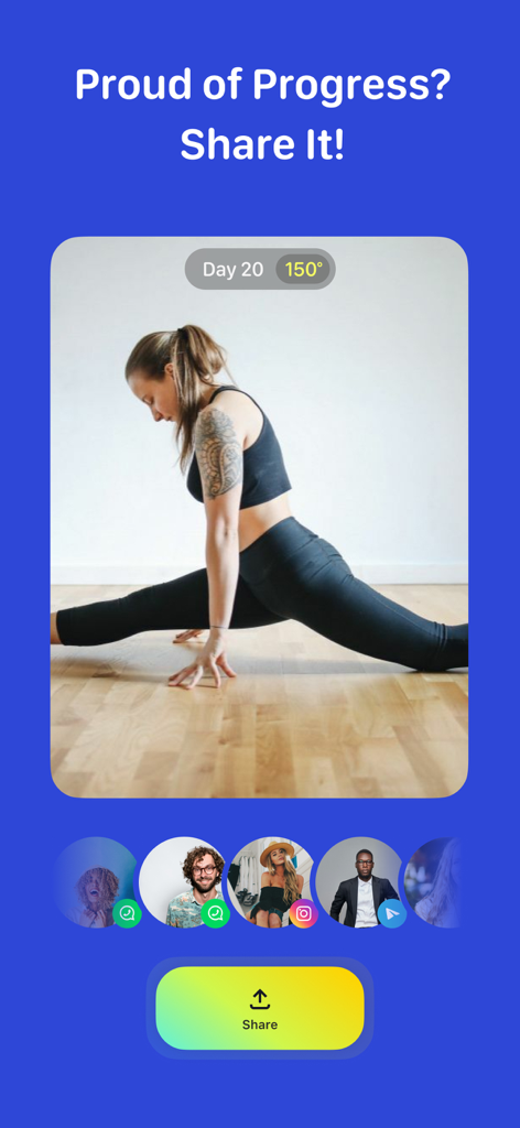 Interfaz de aplicación móvil que muestra a un usuario realizando un split a 150 grados en el día 20 con un botón para compartir en redes sociales