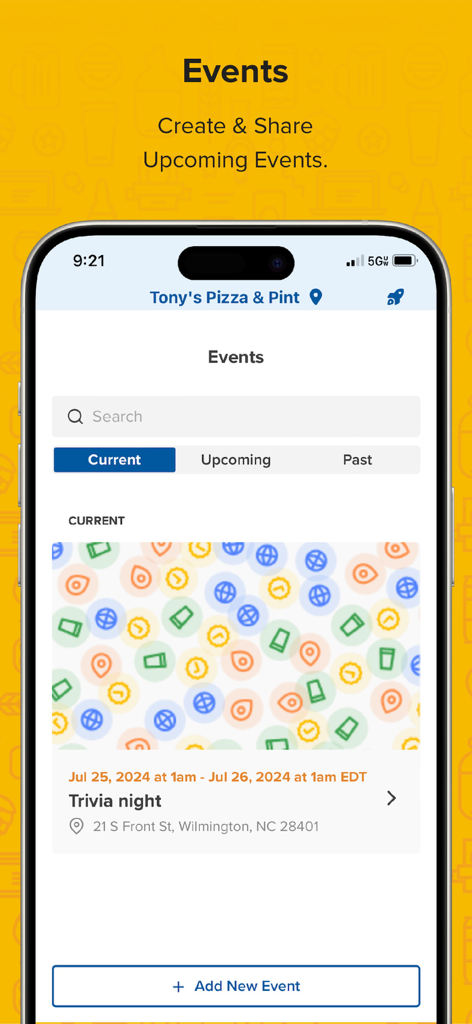 Interface of the Untappd for Business app for creating and sharing hospitality events like trivia nights.