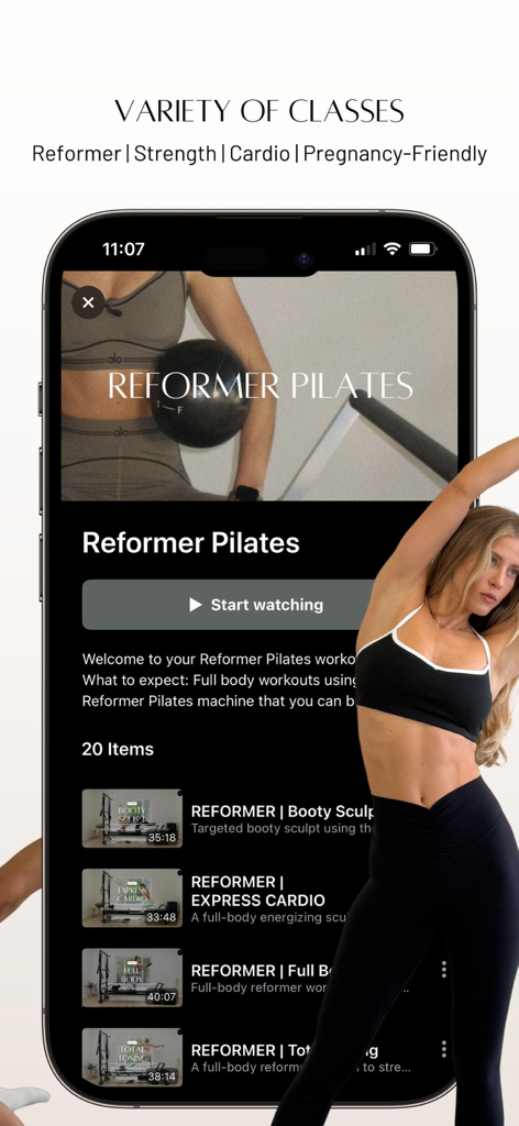 TF STUDIO app interface displaying a selection of Reformer Pilates workout videos and training categories