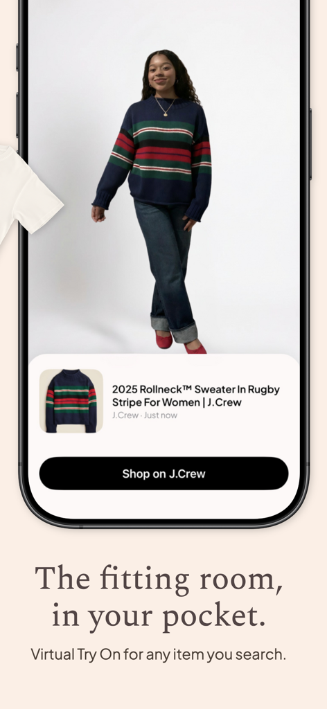 Shoppy - Fashion Search - Interfaz de la aplicación Shoppy que muestra una prueba virtual de un suéter de rayas J.Crew