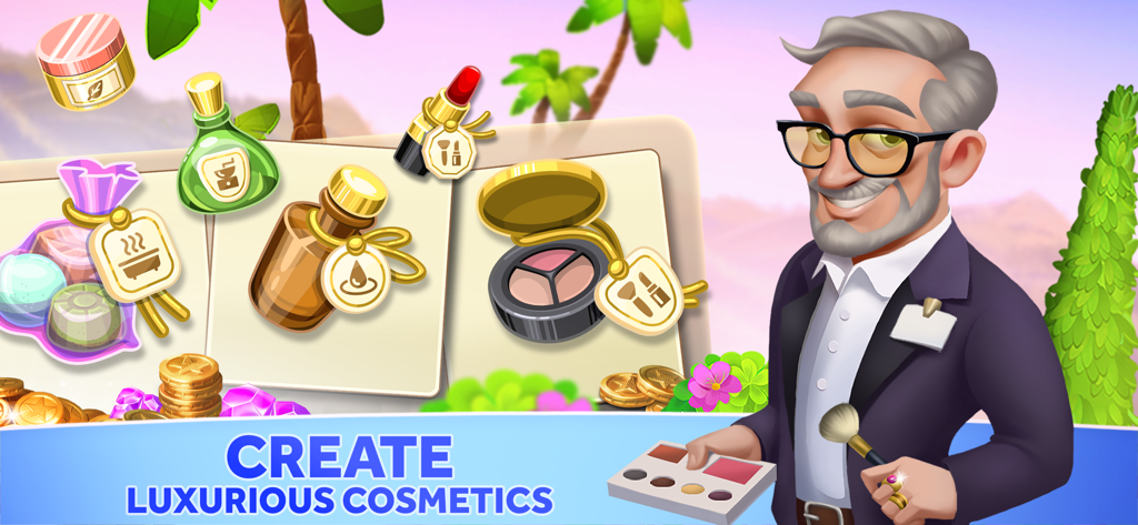 Une sophistiquée responsable de spa présentant divers cosmétiques de luxe et produits de maquillage dans le jeu My Spa Resort.