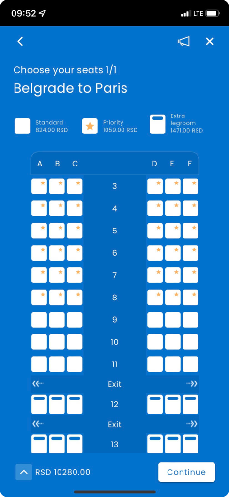 Air Serbia mobile app seat selection screen for a flight from Belgrade to Paris showing seat map and prices