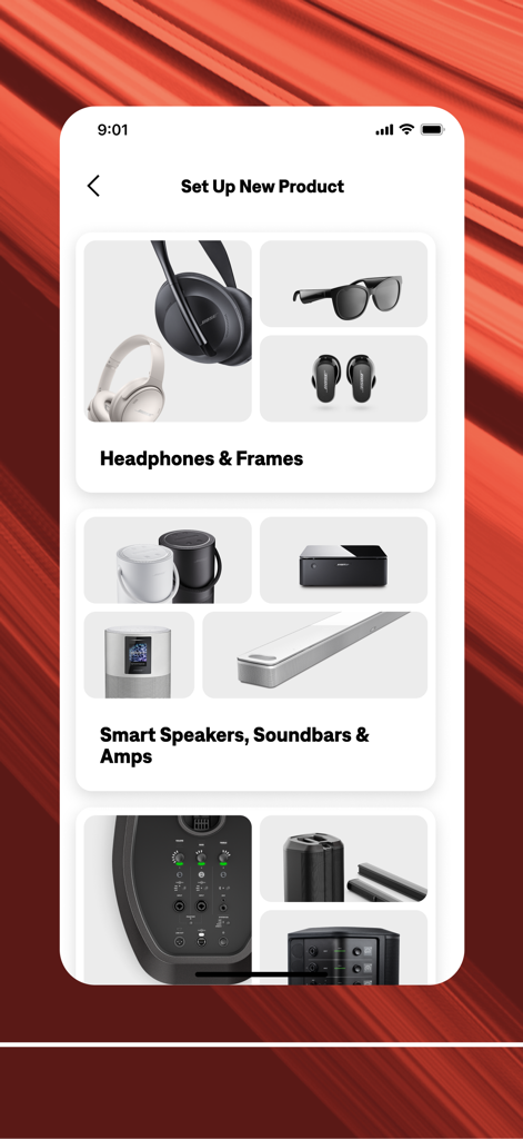 Bose app screen showing product setup categories for headphones speakers and soundbars