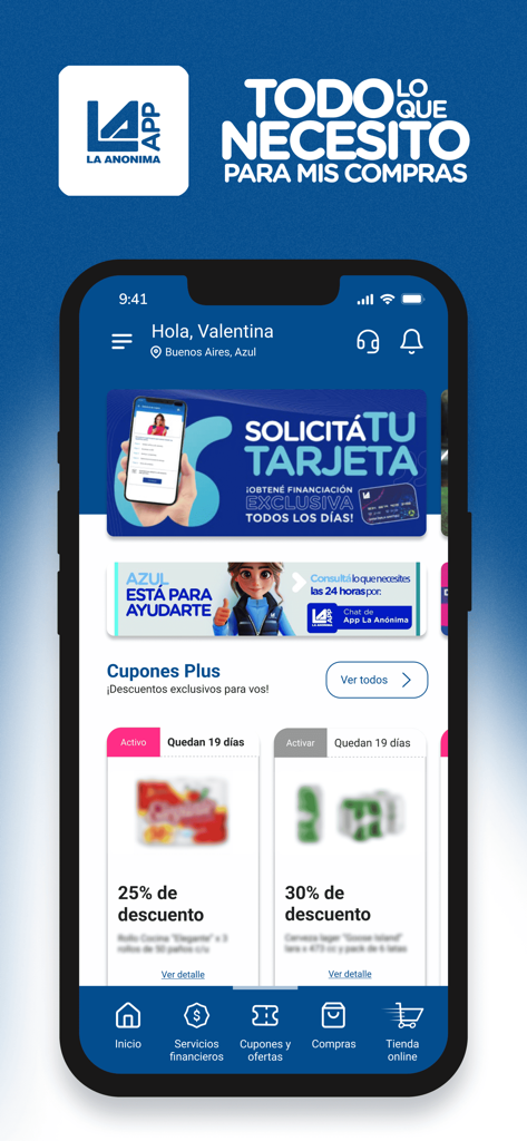 La Anonima mobile app home screen showing shopping coupons and financial services