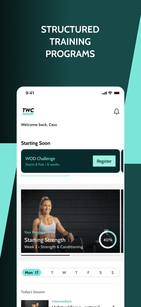Train With Cass - Dashboard of the Train With Cass fitness app showing structured training programs and progress tracking