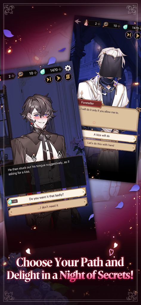 Secret kiss with knight: Otome - Gameplay screenshot of Secret kiss with knight Otome showing romantic character interactions and dialogue choices