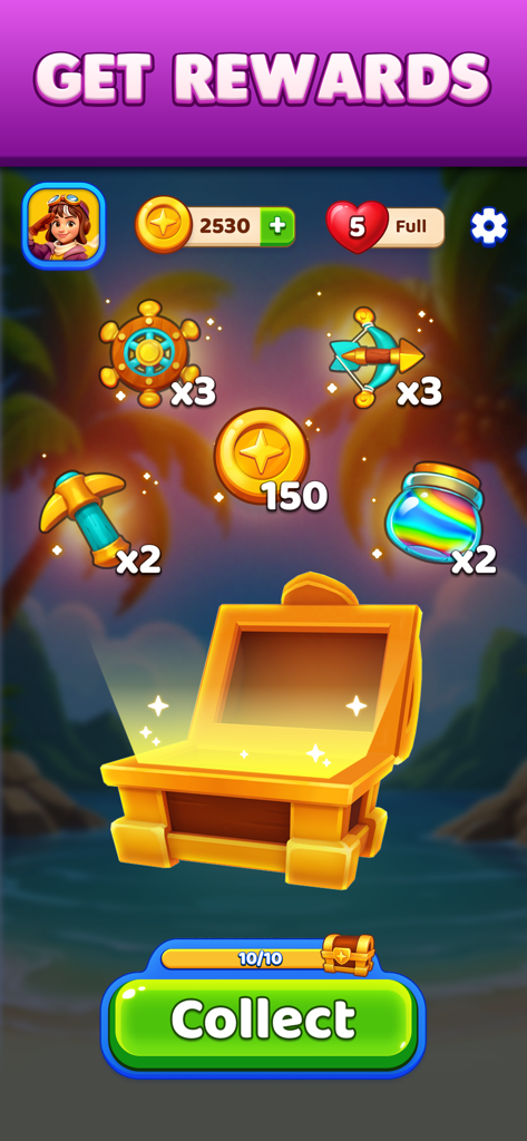 What the Jelly? - Un cofre del tesoro dorado abriéndose para revelar recompensas del juego como monedas y potenciadores con un botón de "Recoger"