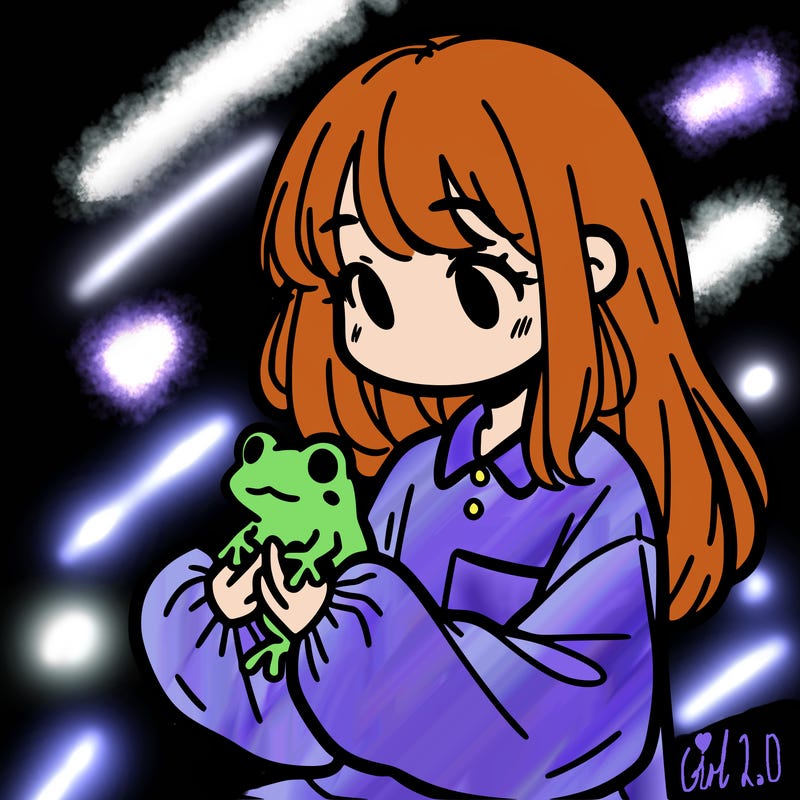 girl with long hair and a oversized shirt. and she is holding a frog