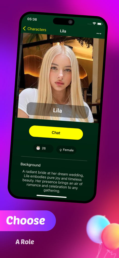 Zotap mobile app interface showing a profile for an AI character named Lila with a chat button and background story