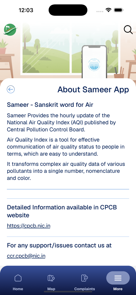 Sameer India's AQI - Página informativa de la aplicación Sameer que explica el monitoreo del Índice Nacional de Calidad del Aire de la India