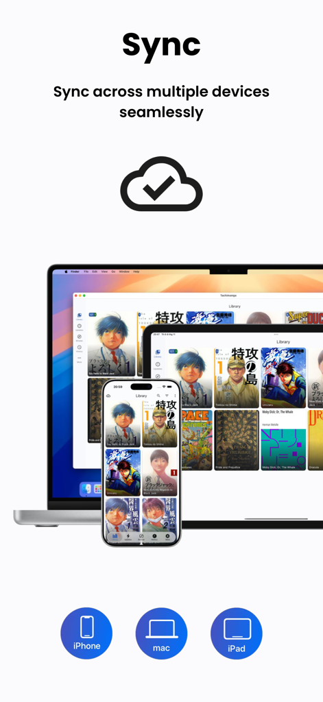 Tachimanga - Tachimanga interface showing seamless library synchronization across iPhone Mac and iPad with a cloud sync icon