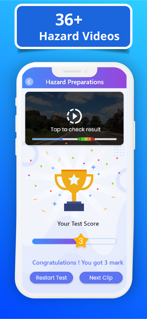 Driving Theory Test Kit 2026 ! - Hazard perception test result screen with a trophy and score indicator.