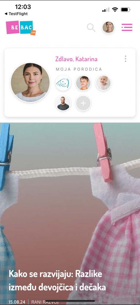 Bebac - Bebac app interface displaying a family profile and an article about child development in Serbian
