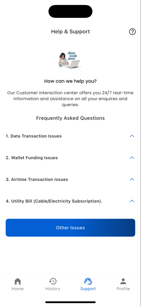 Cool Data Plug: Cheap Data - Help and support screen of the Cool Data Plug app featuring a FAQ section for transactions and utility bills.