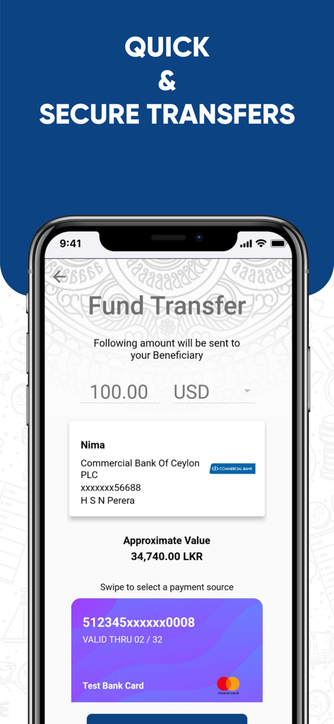 LankaRemit - Uma captura de tela do aplicativo LankaRemit mostrando o processo de transferência de 100 USD para uma conta bancária cingalesa, incluindo o cálculo da taxa de câmbio.