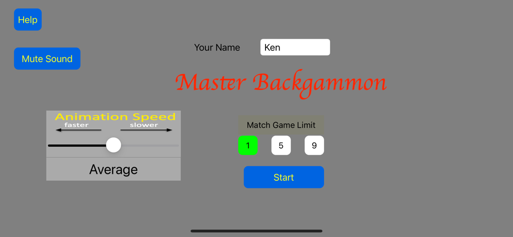 Master Backgammon - Main menu of the Master Backgammon app showing player name entry and match game limit options