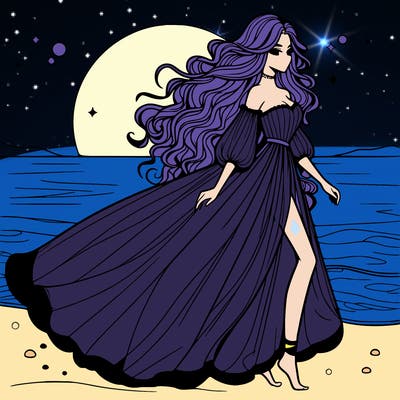 beautiful woman with a vaporous long dress walking on the beach at the noon, detailed art