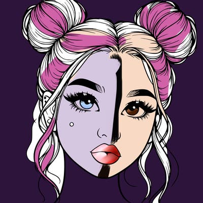 realistic girl with two buns on her hair and lips