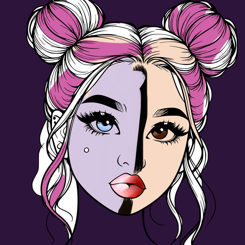 realistic girl with two buns on her hair and lips