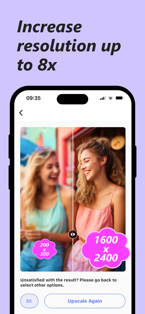 Picwand AI Photo Video Editor - Before and after comparison of increasing photo resolution 8 times with Picwand AI