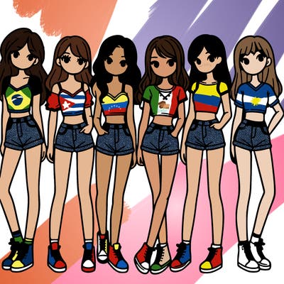 a group of girls wearing crop tops and shorts