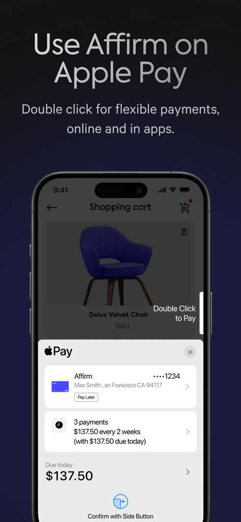 Affirm flexible payment options integrated with Apple Pay on an iPhone screen