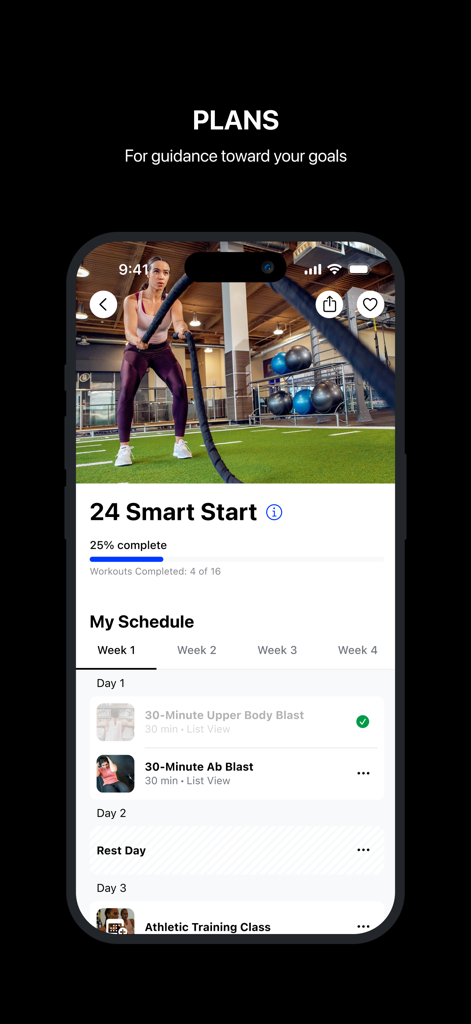 A smartphone screen displaying the 24GO app 24 Smart Start fitness plan and weekly workout schedule