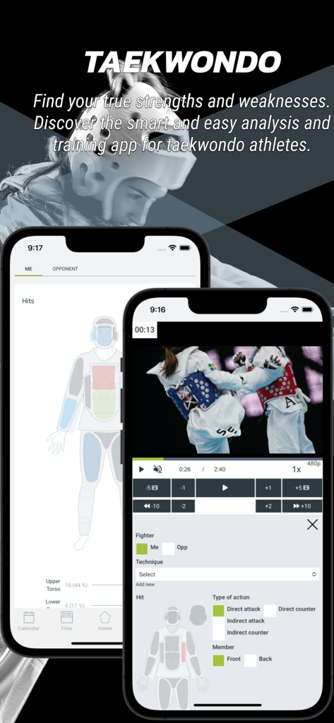 Athlete Analyzer app screens showing Taekwondo video match analysis and performance tracking with a body hit map.
