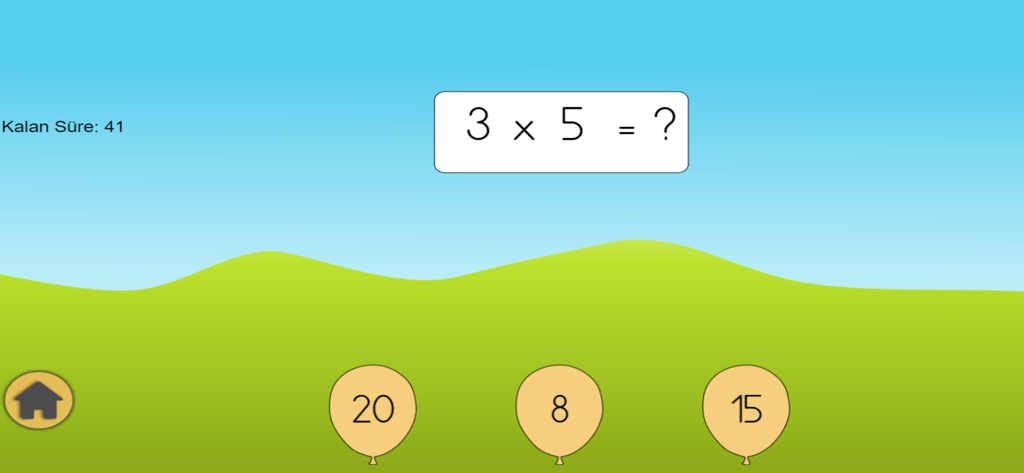 Çarpım Tablosu Oyunları - A multiplication game interface featuring a math problem with three numbered balloons as answer choices over a green landscape.